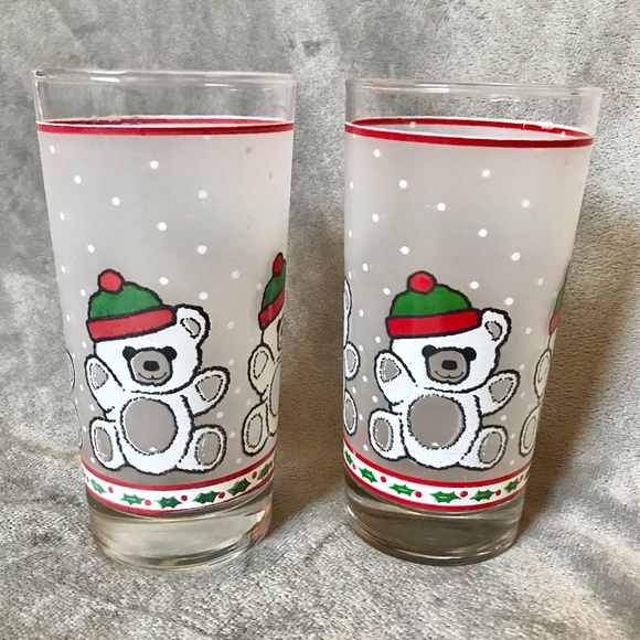 Vintage Christmas teddy bear tumbler glasses frosted polka dot winter holiday - Picture 2 of 4